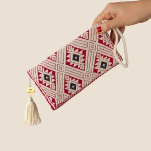 cartera beige y roja